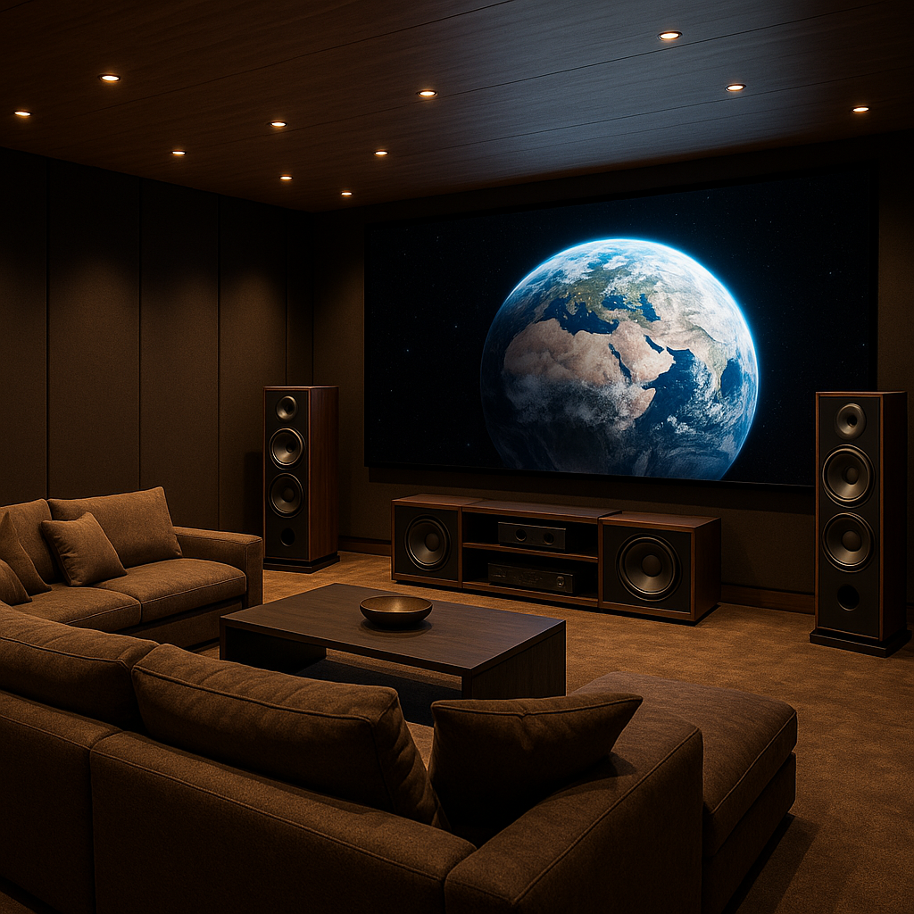 a home theater confortable space with hiend audio and profesional LED screen