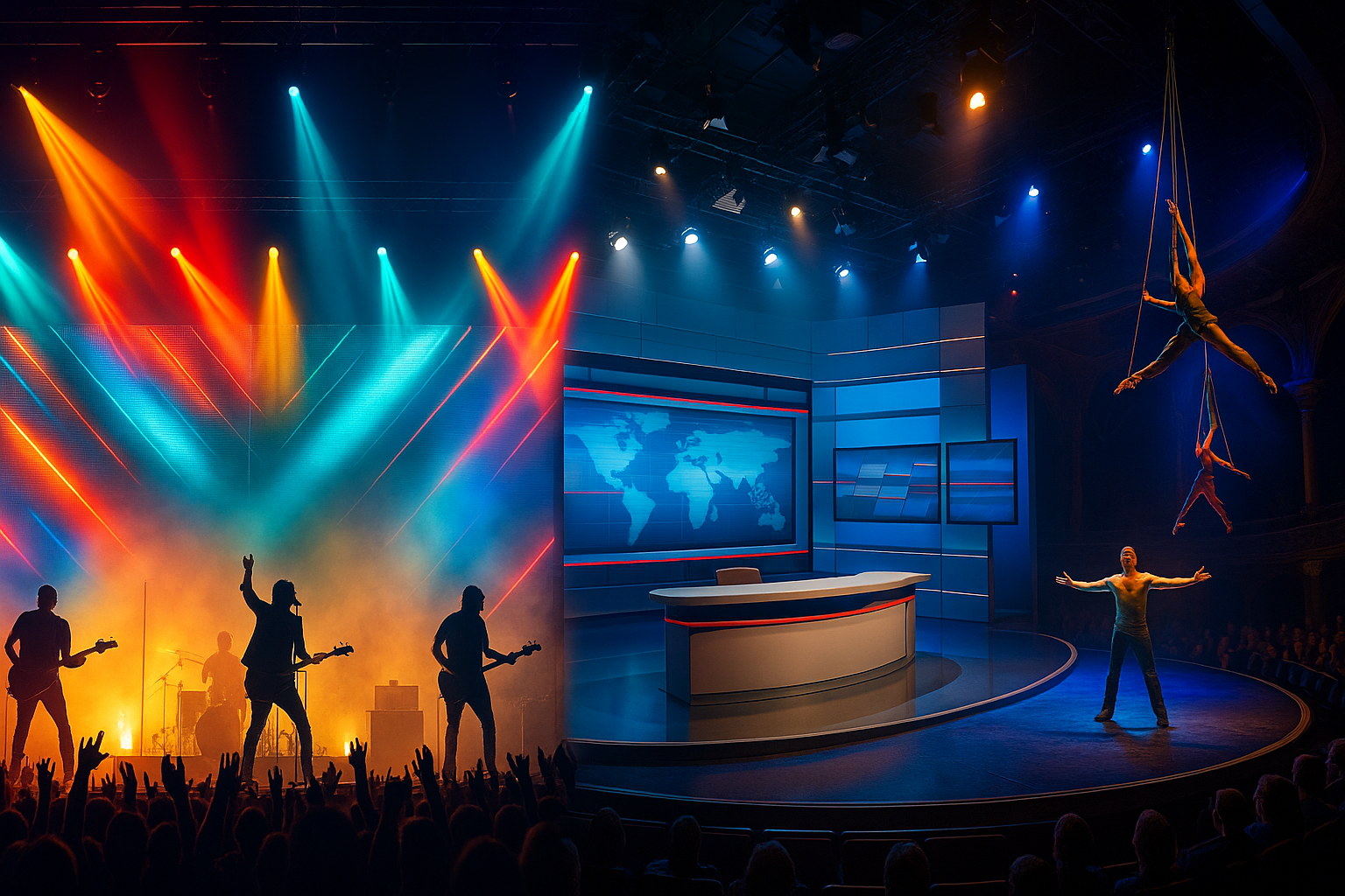 Genera una imagen en donde se vea en el ado izquierdo un concierto de msica con un escenario impactante con pantallas LED iluminacin de colores espect-2
