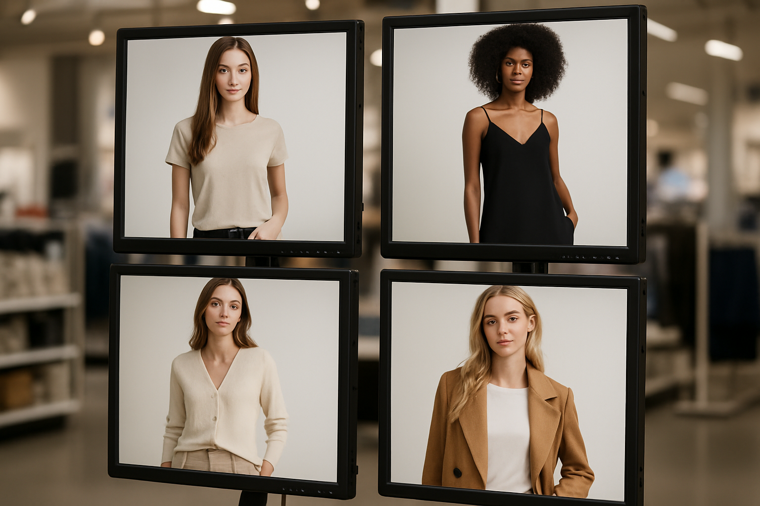 MONITORES DE VIDEO PROFESIONALES MOSTRANDO CARTELERA DIGITAL EN DONDE APARECEN IMAGENES DE MUJERES MODELANDO ROPA