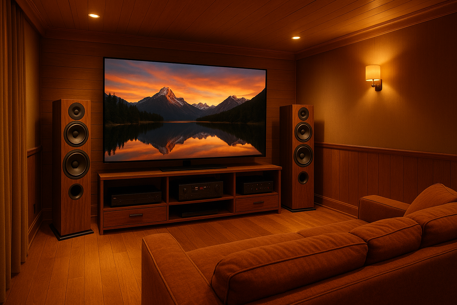 a video home theater with hifi sound in a very warm room with wram lighting system