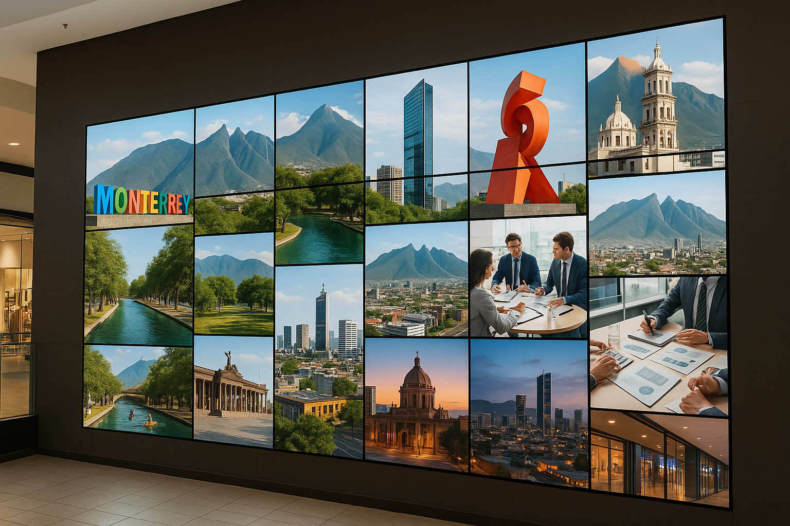 crea un videowall de 3 pantallas en vertical por 7 pantallas en horizontal mostrando imagenes de la ciudad de monterrey como destino turisticop y de n-1