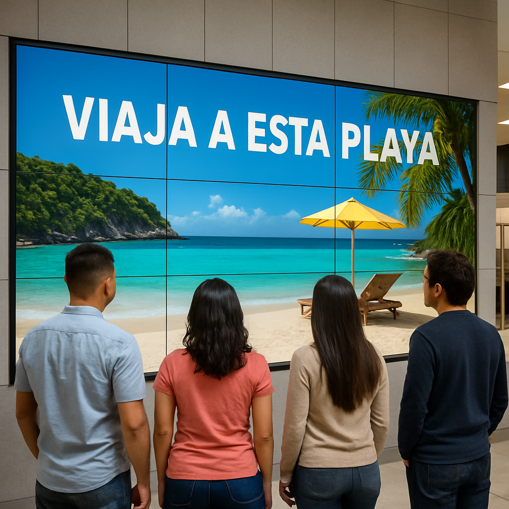 crea una imagen con un videowall hen un muro con un arreglo horizontal de 5 pantallas de 65 pulgadas m osntrando una imagen de un paisaje turistico de-Jan-10-2026-11-26-24-9321-PM