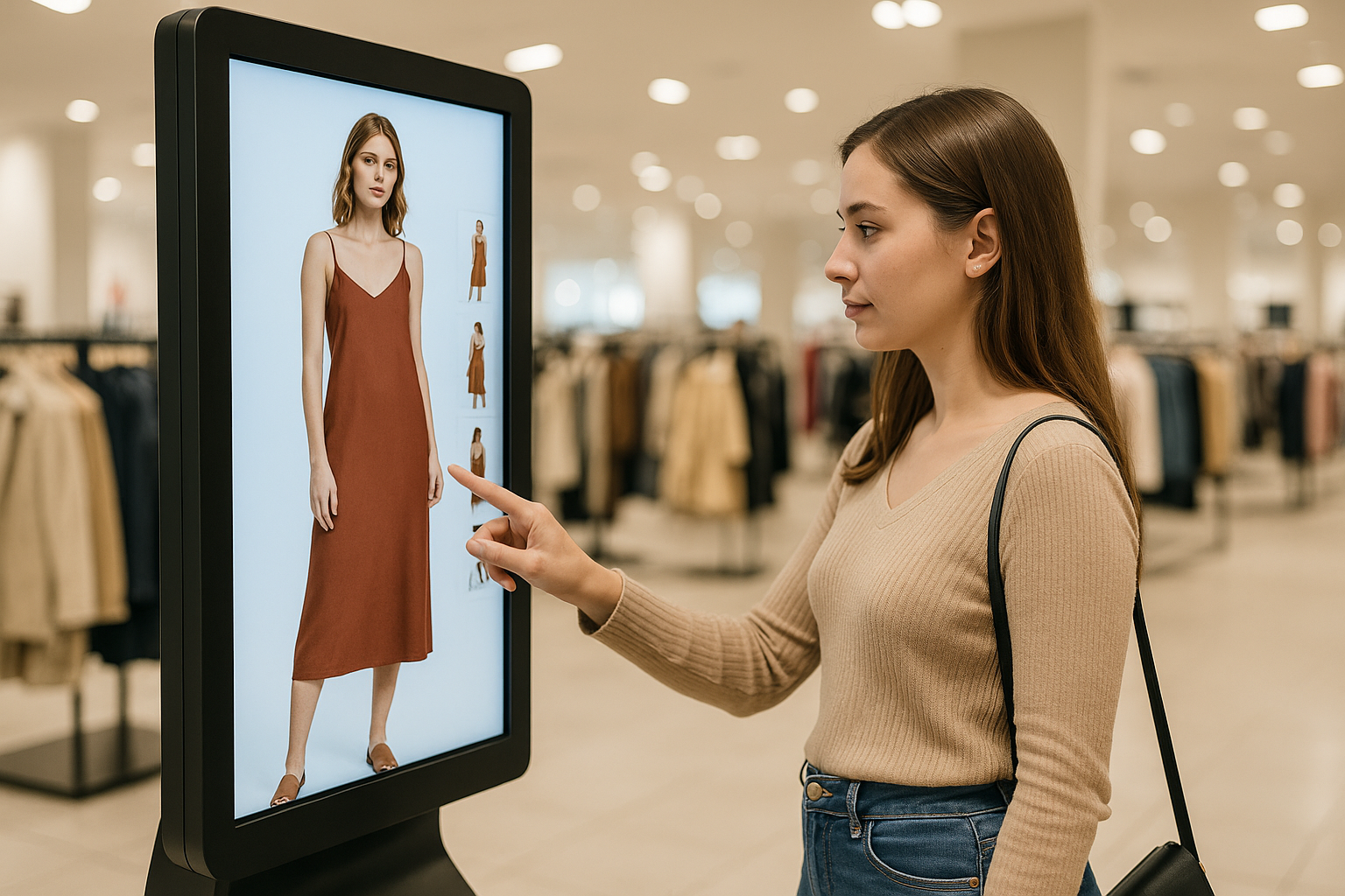 crea una imagen de un kiosko interactivo touch con una chica blanca latina interactuando con el menu touch del kiosco para ver informacion sobre ropa