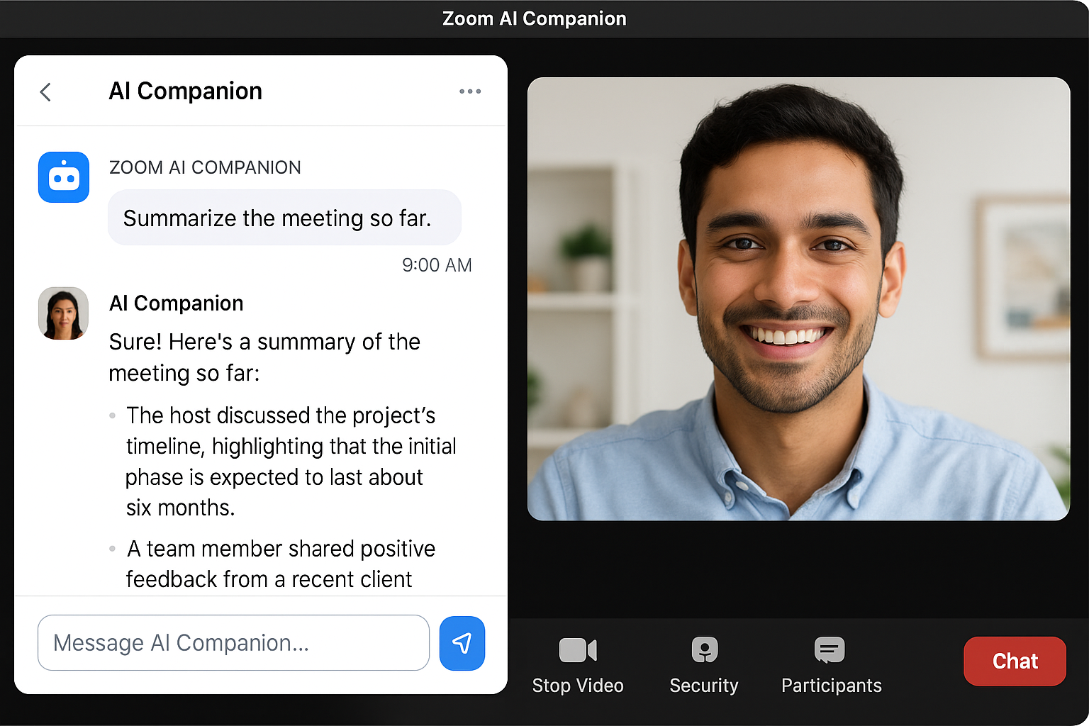 crea una imagen en donde se muestre zoom ai companion mostrando una pantalla del chat de zoom con zoom AI companion sin incluir animacion de caricatur-1