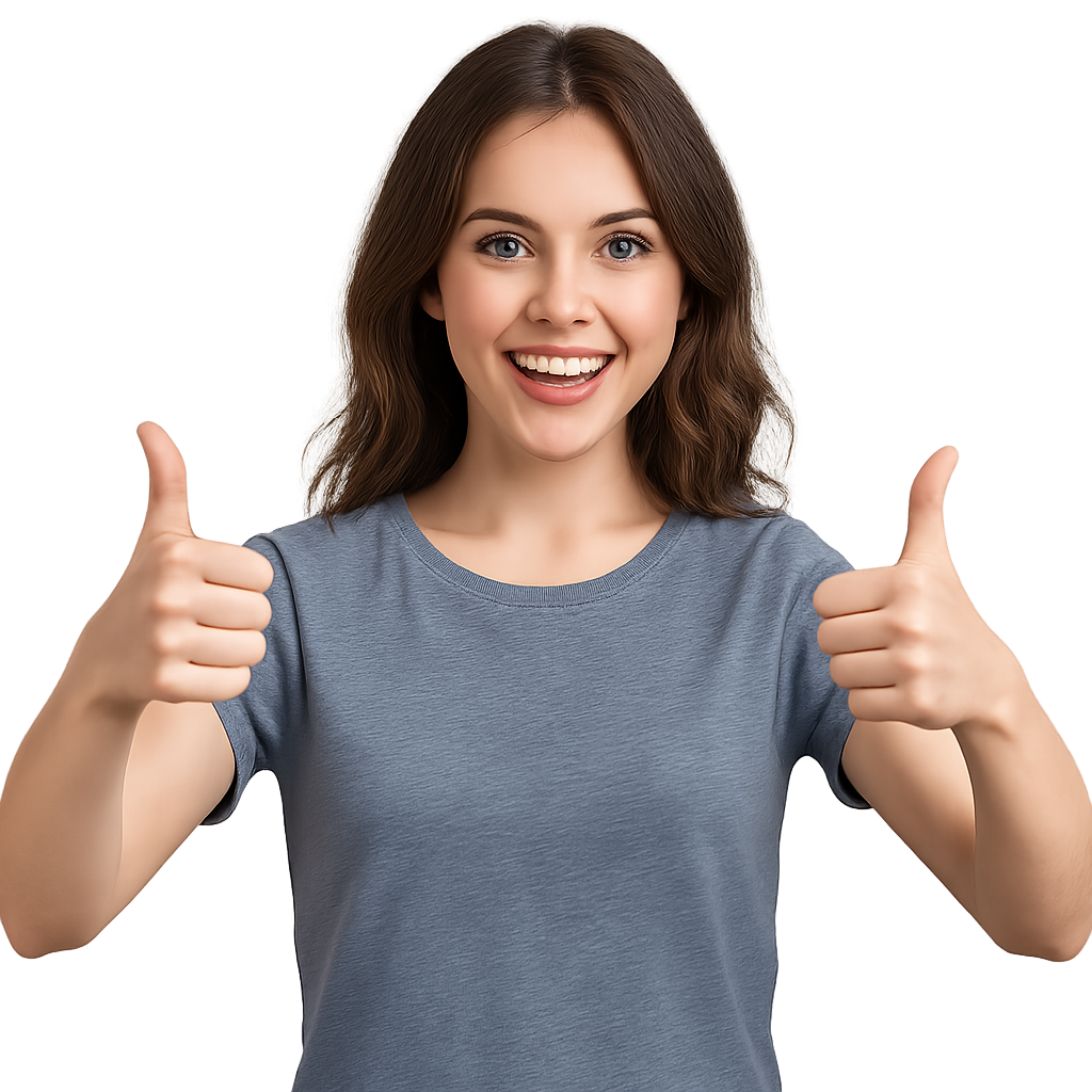 crea una imagende una chica blanca sonriente de cabello medio ondulado que sea imagen de chica real no de caricatura sonriendo y mostrando sus dos man-3