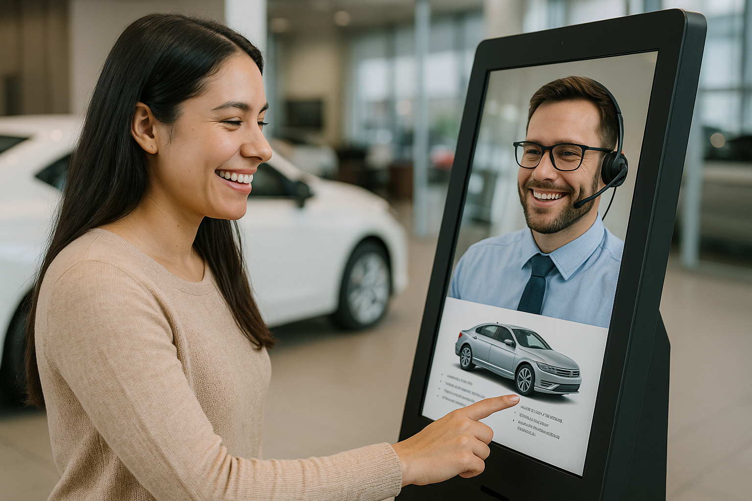crea una miagen de un kiosco interactivo en donde se muestre a una chica latina blanca sonriendo mientras interactua con el kiosco en una pantalla tou-1