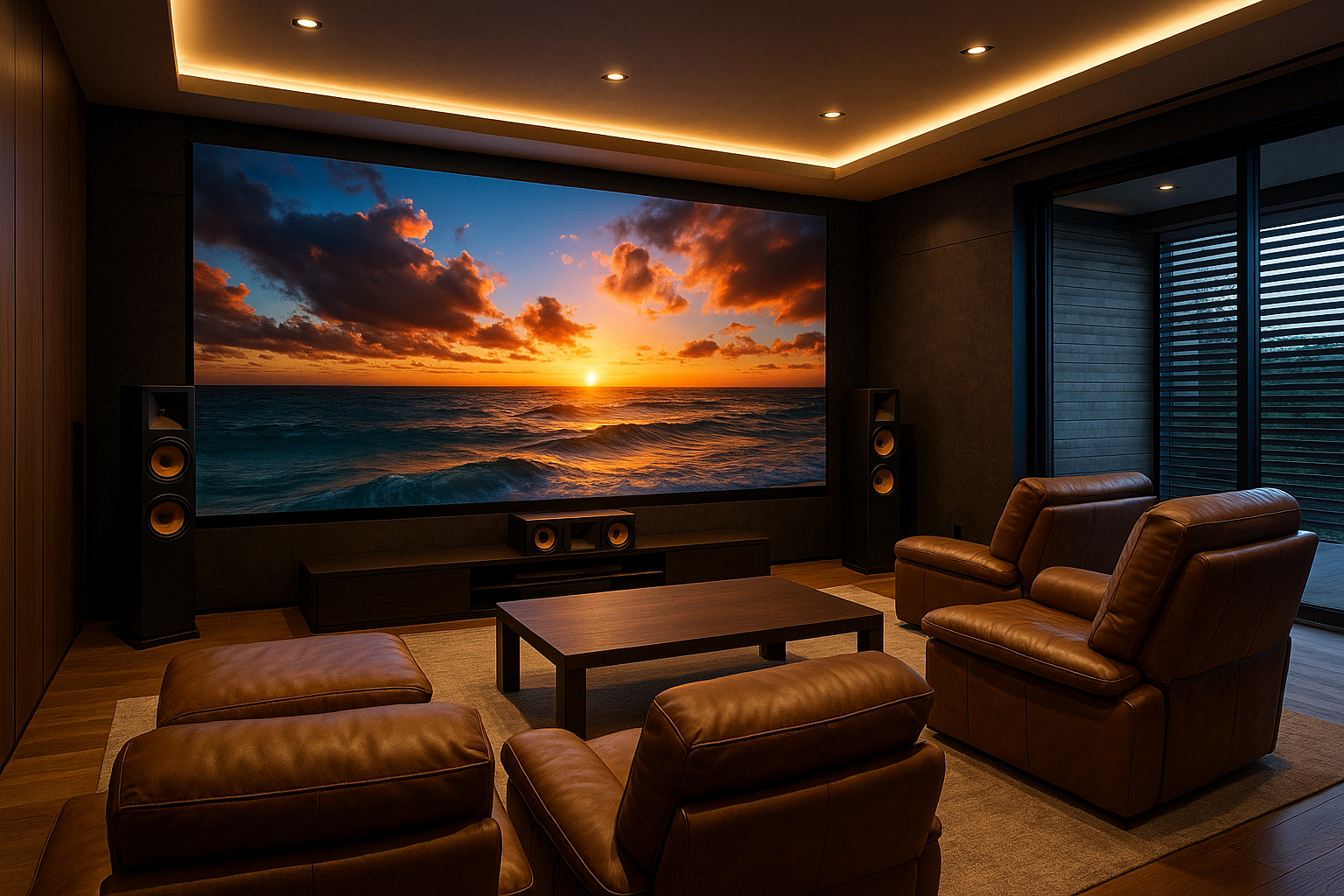 create a very nice home teather with hiend sound and inmersive LED screen in a premium house a realistic image with emotion