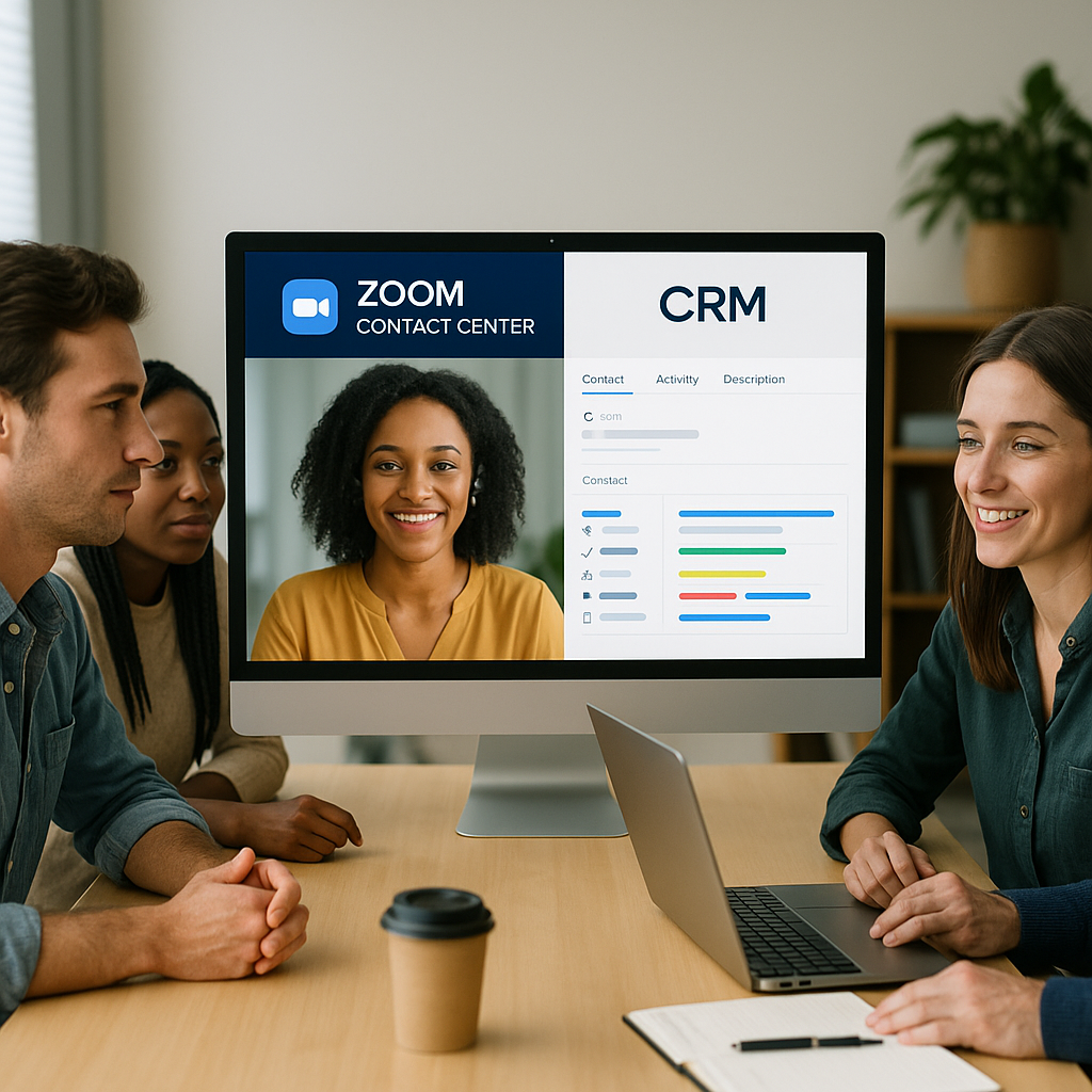 genera una imagen con humanos muy reales que muestren zoom contact center y su integracion con un CRM-1