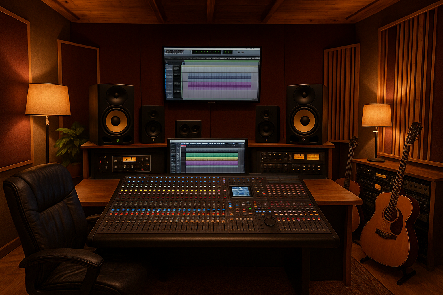 imagen de un estudio de grabacin de musica profesional muy acogedor y con alta tecnologa en su mezcladora digital